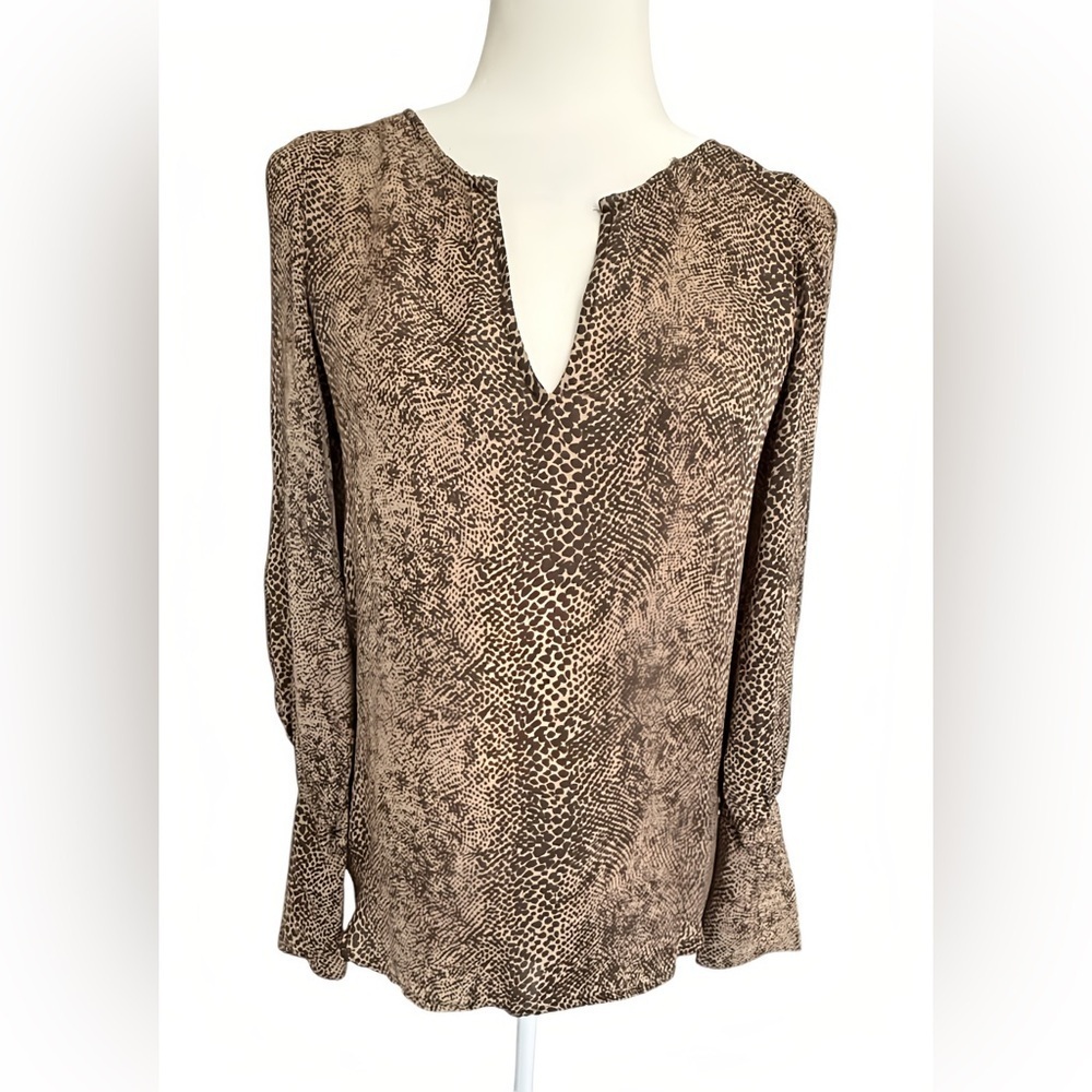 Chelsea Flower 100% Silk Animal Print Blouse XS Brown Black Top Zipper Cuff Boho